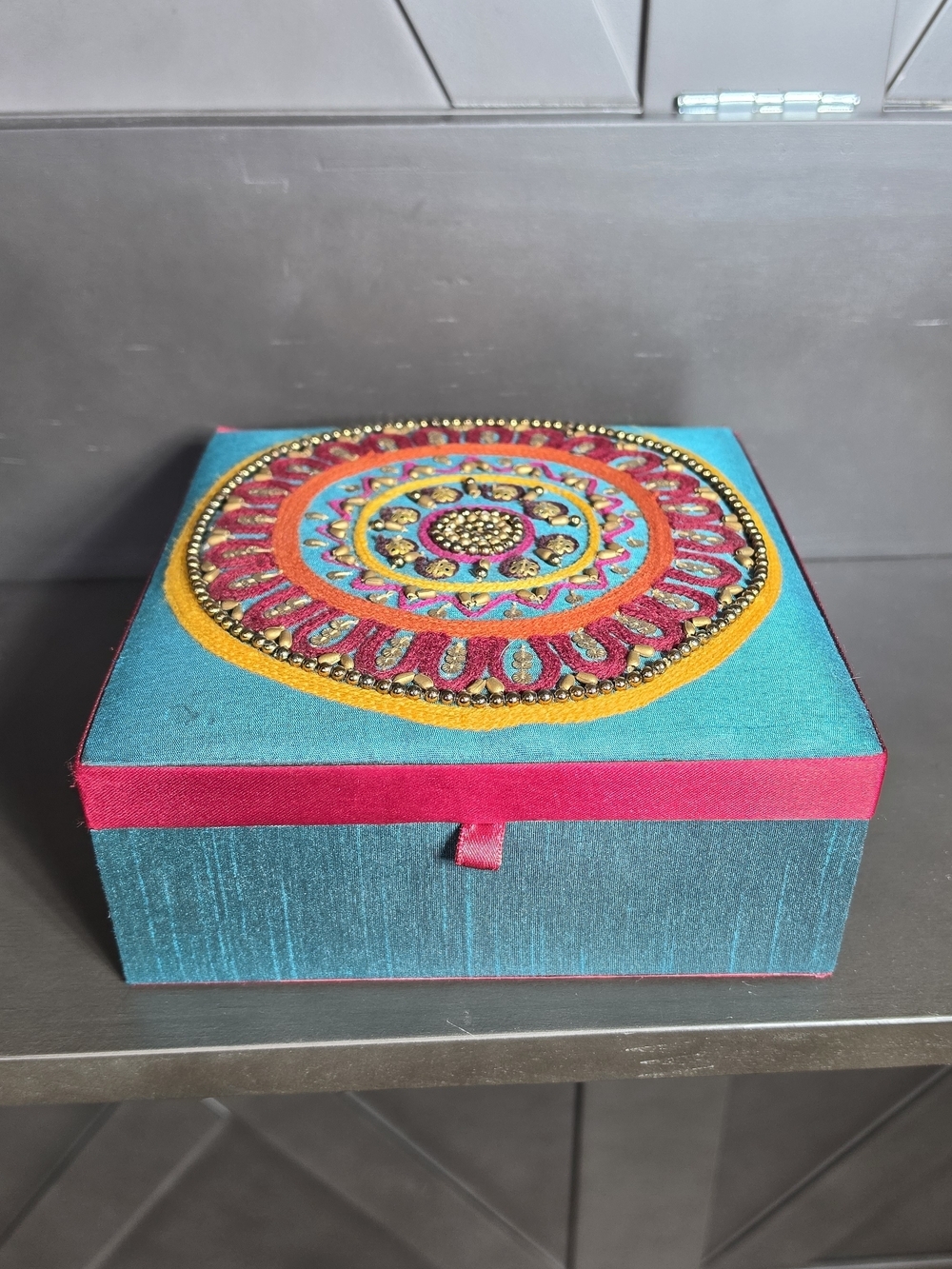 Jewelry Box With Mirror Beaded Fabric Covered Handmade In India Teal & Pink